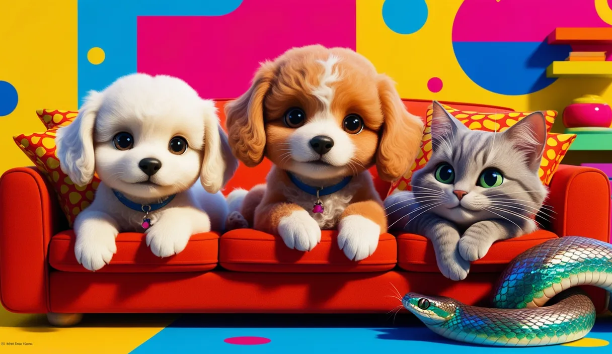 three dogs and a cat sitting on a red couch