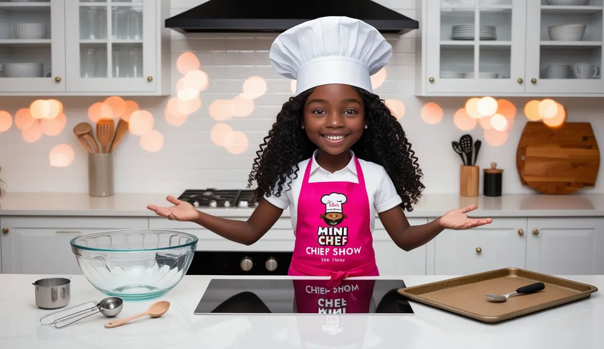 a young girl wearing a chef's hat and apron standing in front of a