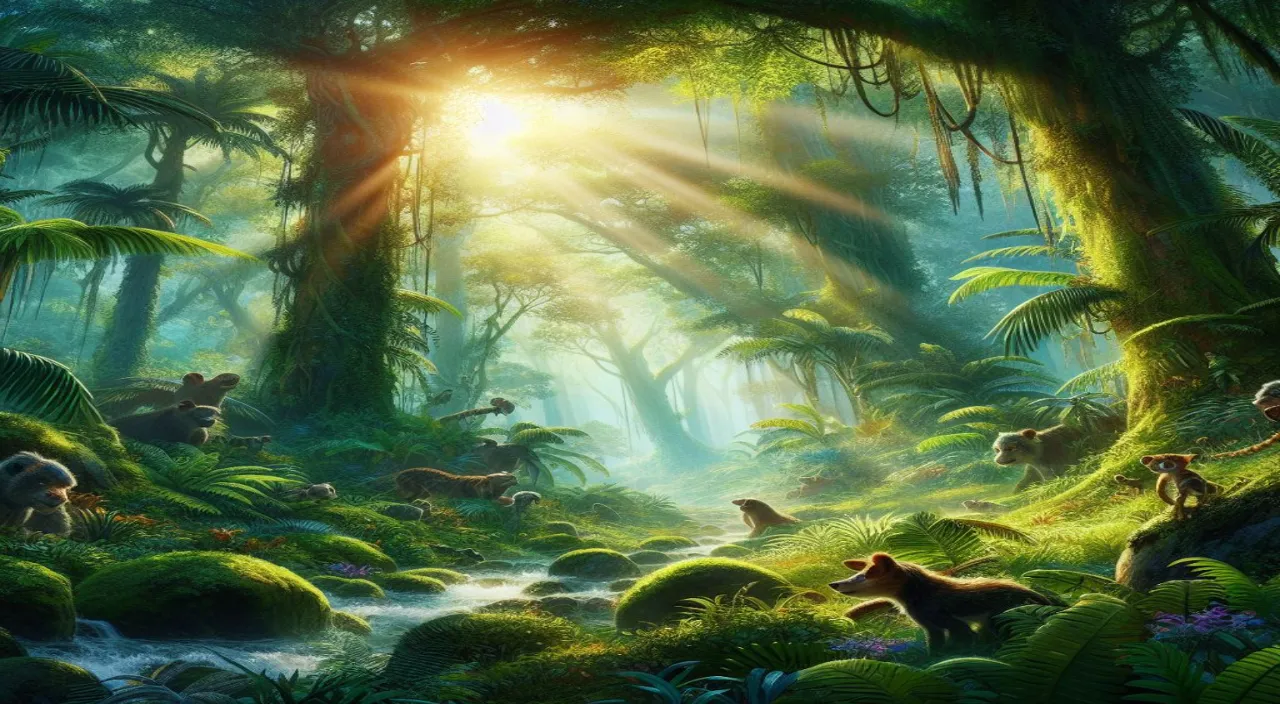 a painting of a forest with animals in it