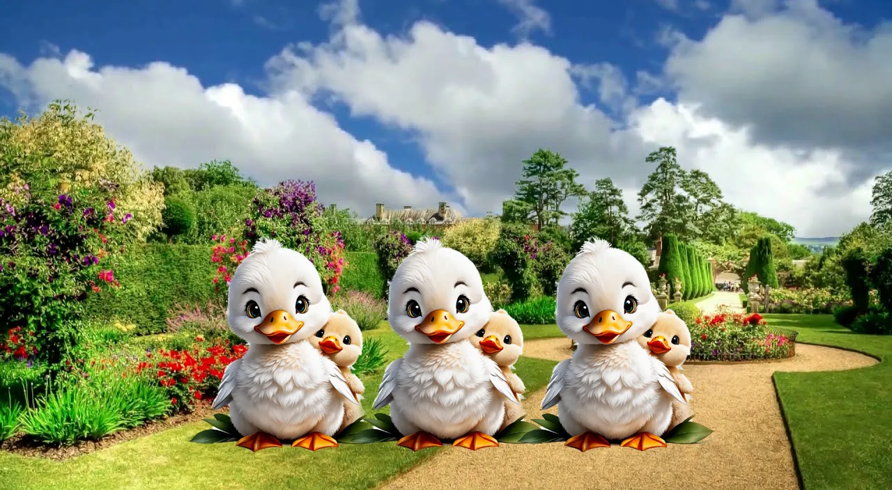 a group of ducks sitting on top of a lush green field