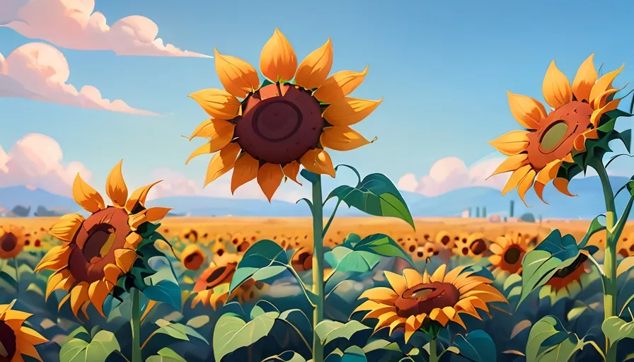 a field of sunflowers with a sky background