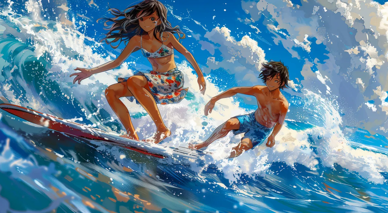 a painting of two people riding a wave on a surfboard