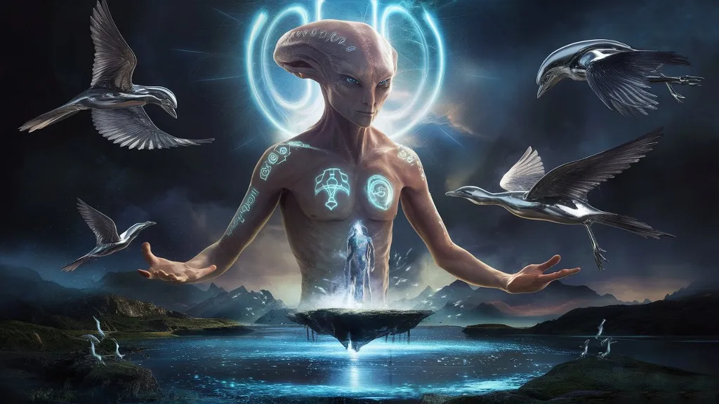 A stunning, high-quality sci-fi fantasy scene depicting a mystical alien entity. The entity has holographic symbols on its skin, standing on a floating island above a lake that glows with a cosmic energy. Silver chrome alien birds fly around, feeding on the wisdom of the cosmos. The atmosphere is cinematic and atmospheric, with a sense of grandeur and wonder. The image is presented in 4K quality, showcasing the intricate details of the alien creatures and surroundings.