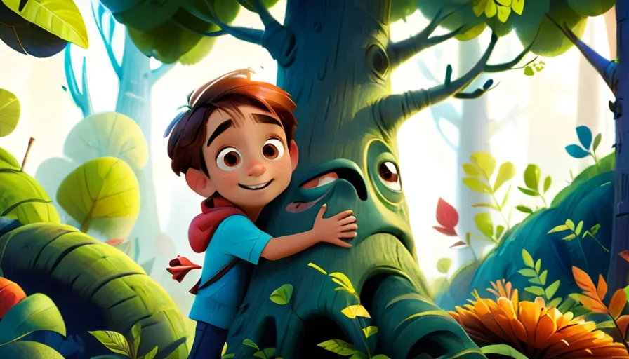 a boy hugging a tree in the middle of a forest