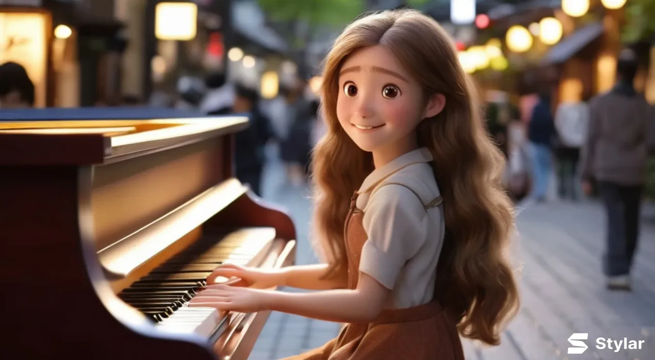 A young beautiful girl with long hair, full body,the girl smiles and plays the piano on the streets of Omotesando, Tokyo