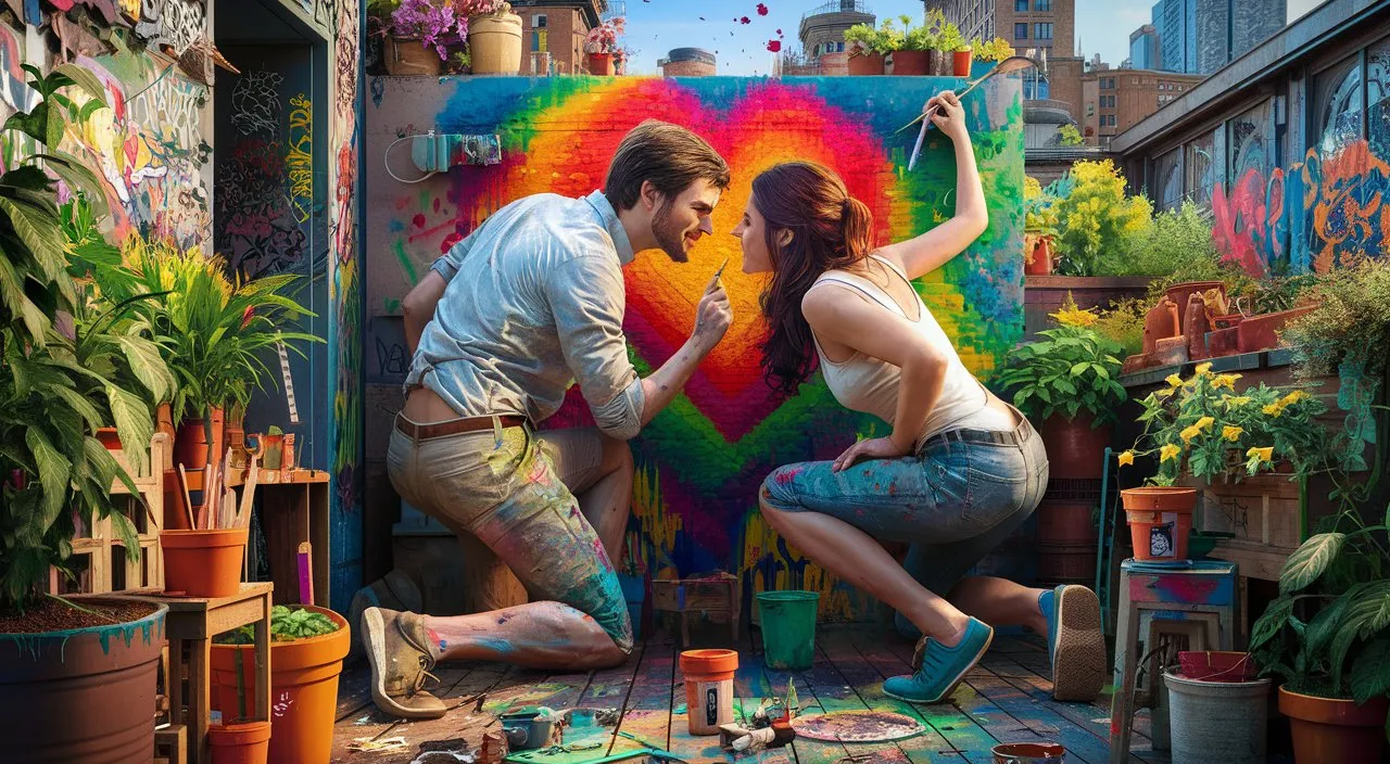 a man and a woman painting a heart on a wall