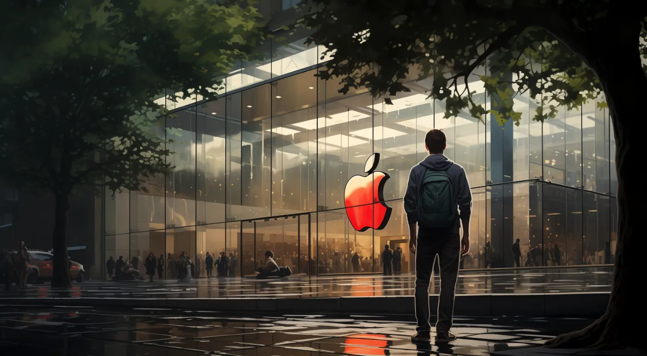 A young man standing outside the Apple Store before the big opening