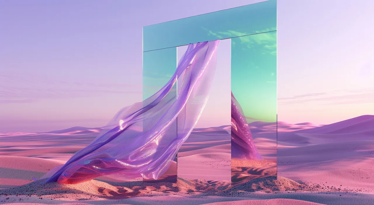 a large mirror gate in the middle of a desert, a delicate piece of long fabric gently billows, with it thin and softness, long fabric hanging to the sky