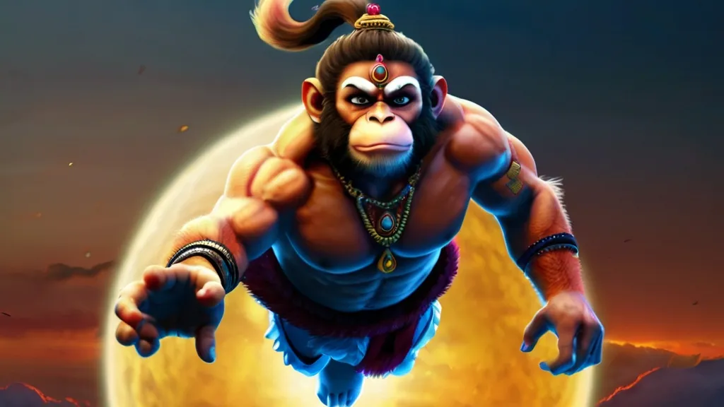 Create a god hanuman with a golden background, 8k, size of 1920x1080, colorful
