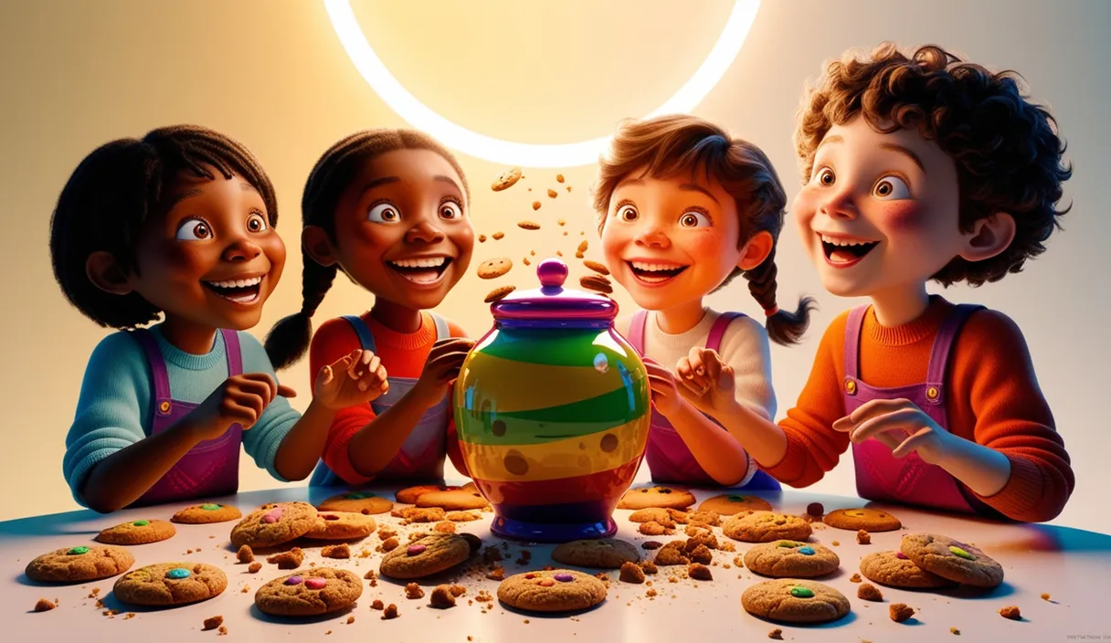 a group of children standing around a cookie jar