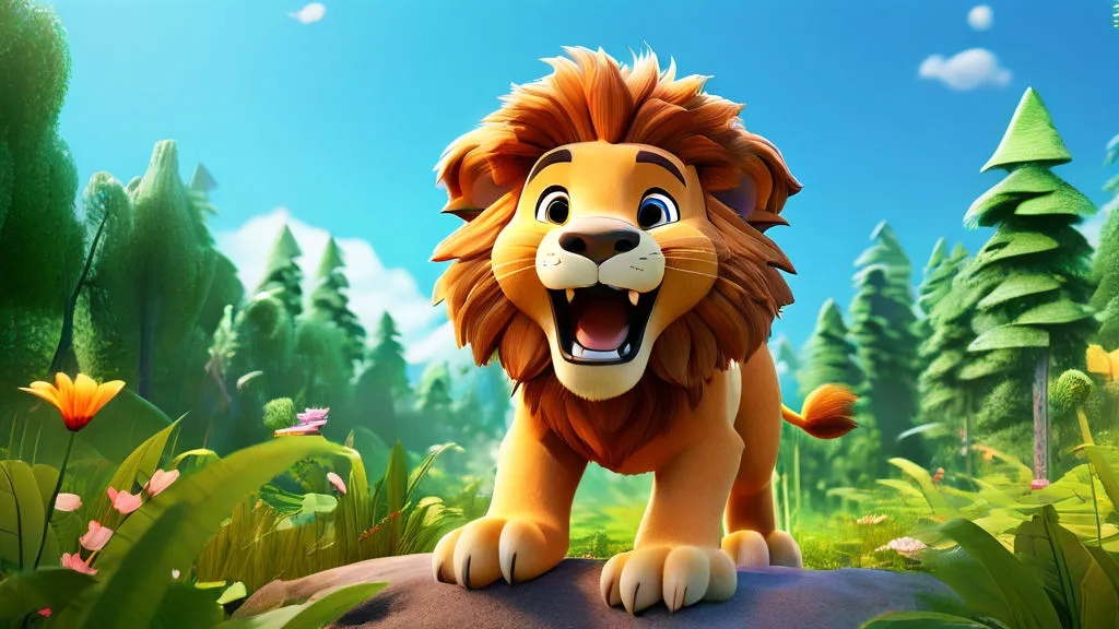 a lion standing on top of a lush green forest