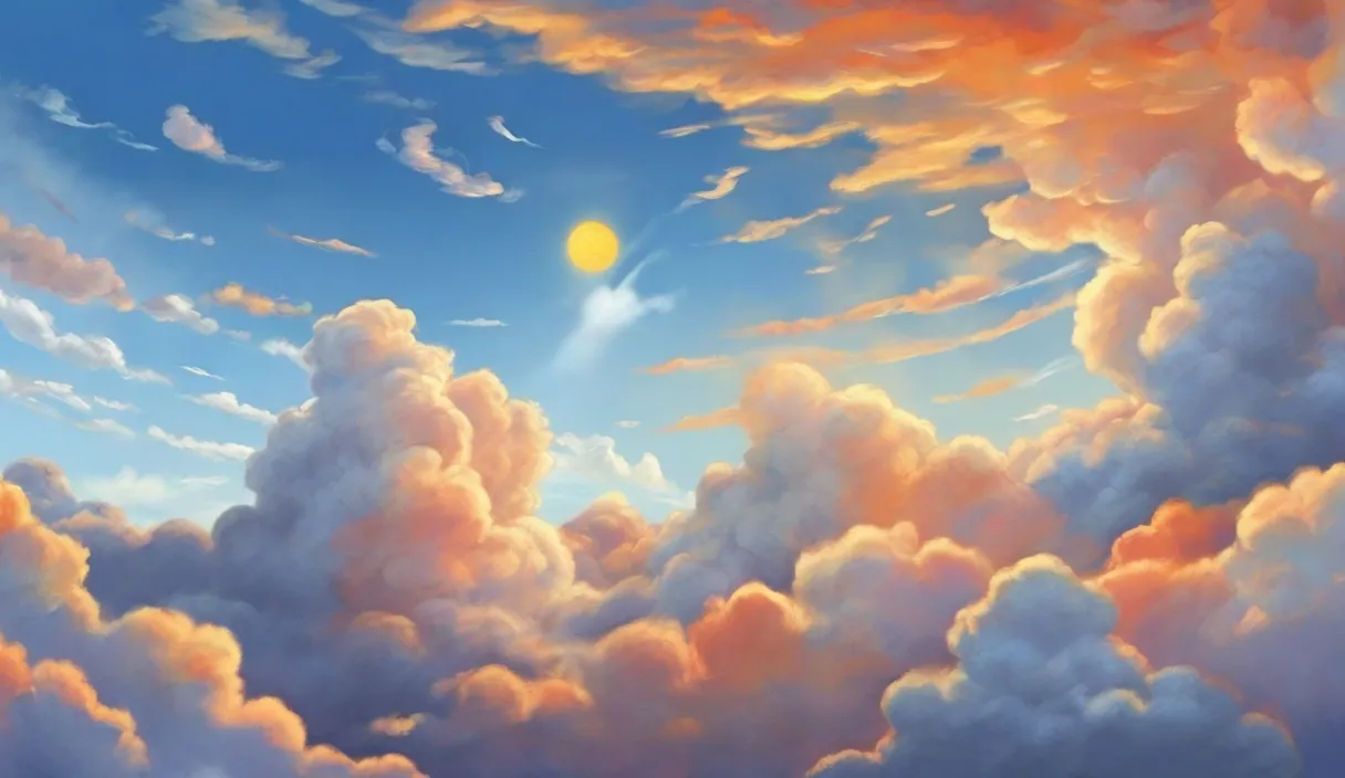 a painting of clouds and a sun in the sky.cartoon