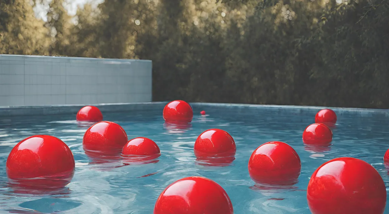 a group of red balls floating in a pool of water