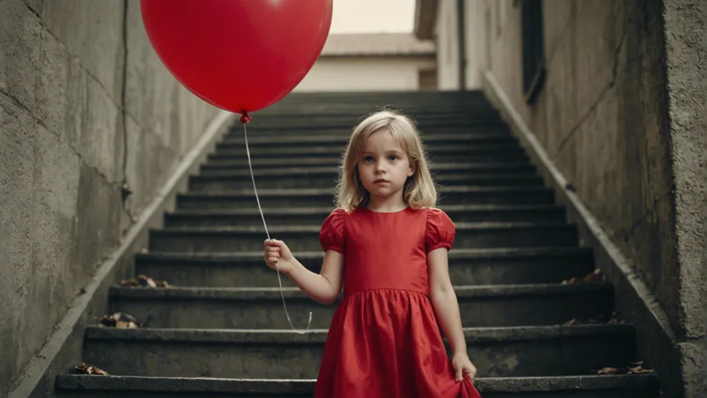 a little girl in a red dress walking downstairs holding a red balloon