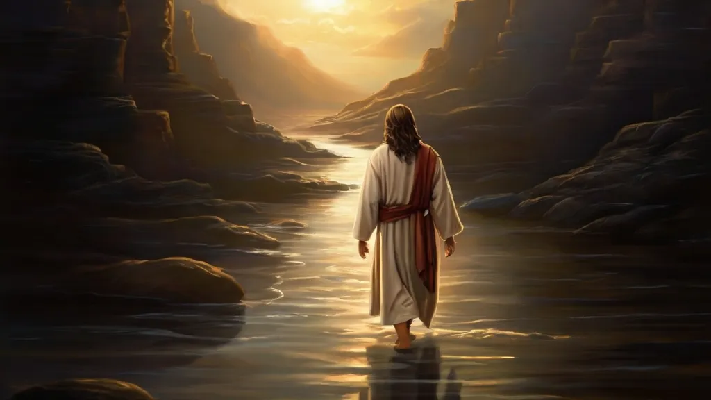 a painting of jesus walking into the water