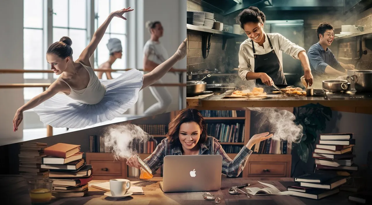 Quick cuts of different individuals pursuing their dreams: a dancer practicing in a studio, a chef cooking in a busy kitchen, a writer typing away in a cozy apartment.