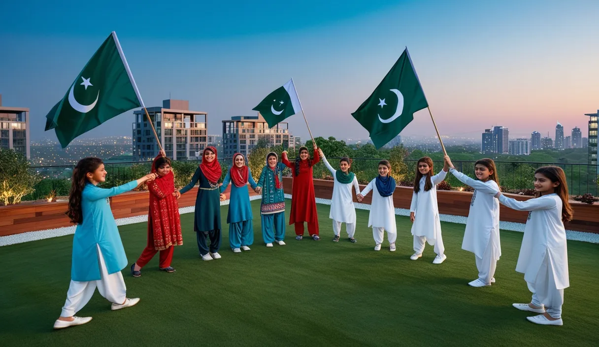 a group of people holding flags on top of a roof