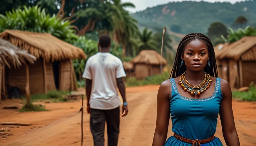 a woman standing in front of a man on a dirt road