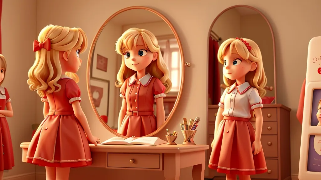 a little girl WEARING DARK RED DRESS standing in front of a mirror