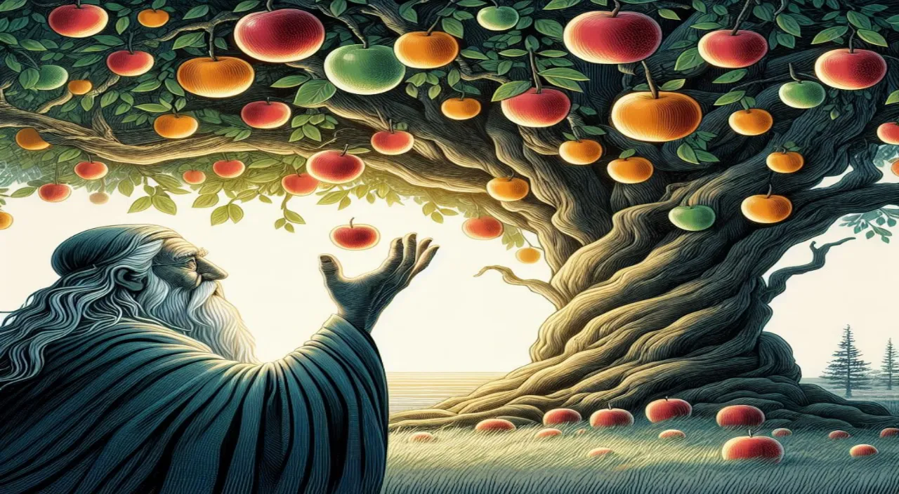 a painting of a man reaching up to an apple tree