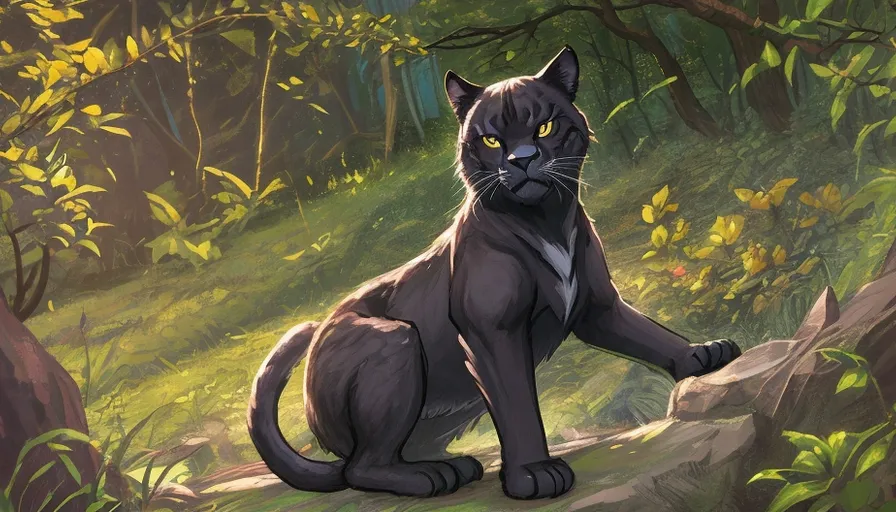 Bagheera, a black panther sitting on a rock, Anime