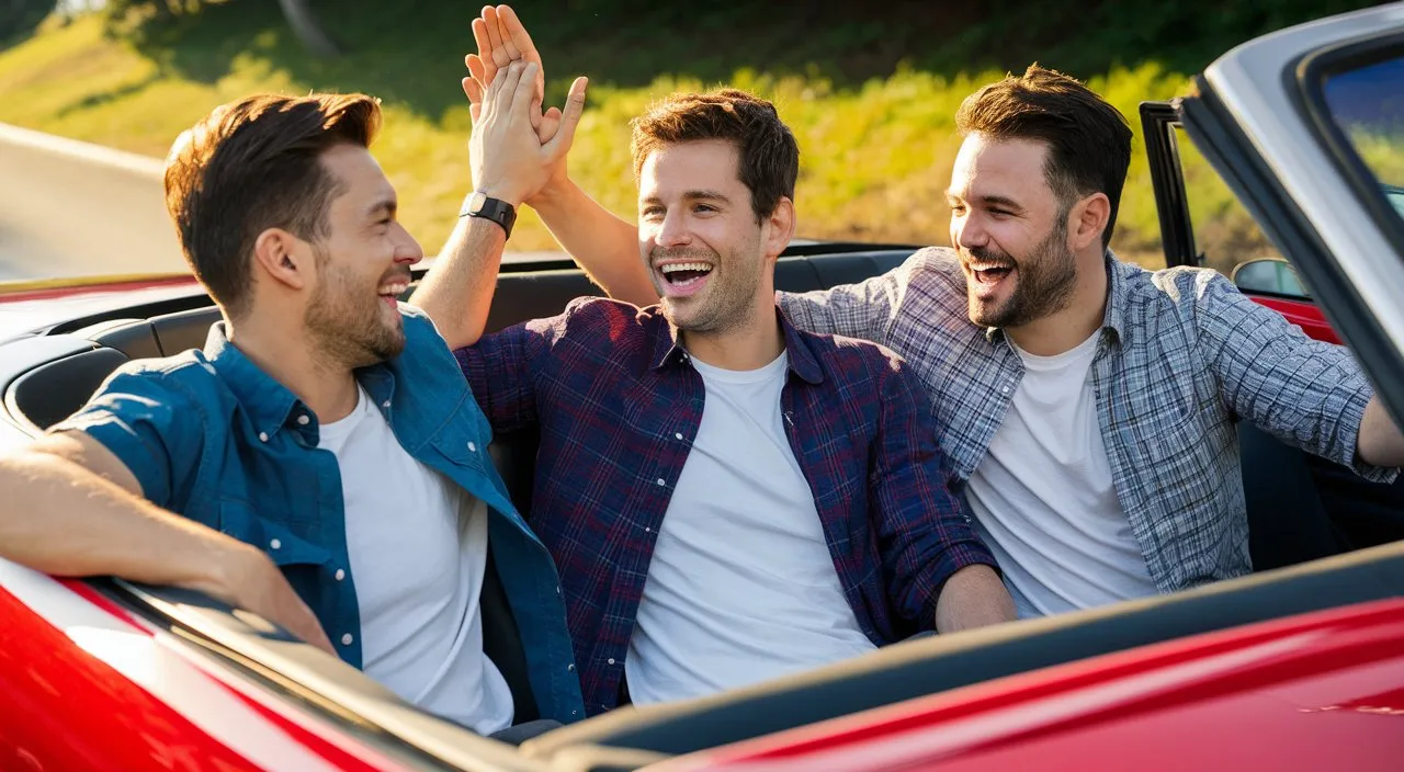 Friends in the car, laughing, high-fiving, and enjoying each other’s company.