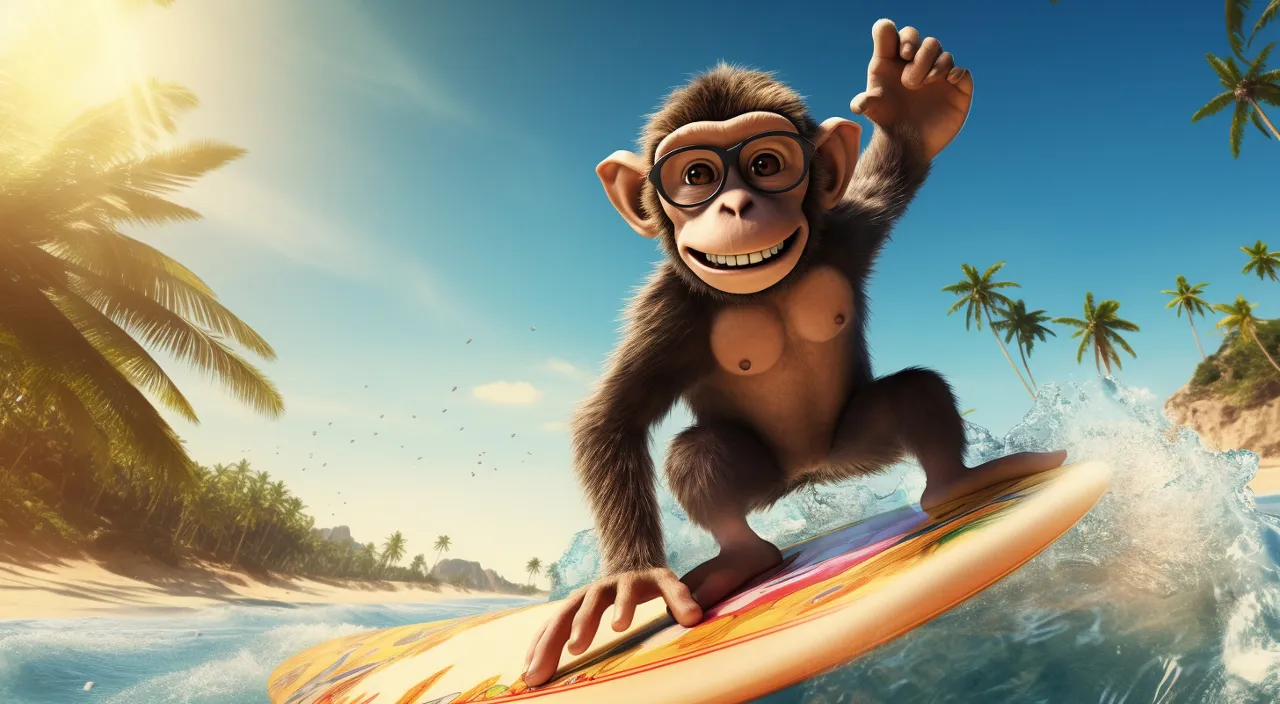 a monkey on a surfboard riding a wave