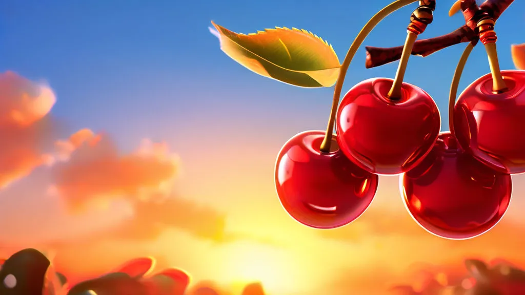 a painting of cherries hanging from a branch, cartoon, 3d