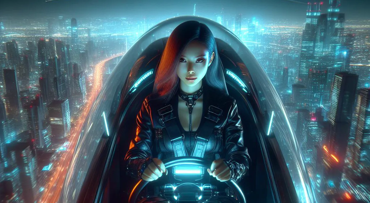 a woman in a futuristic car in a futuristic city