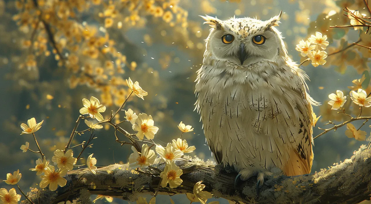 an owl sitting on a tree branch with yellow flowers