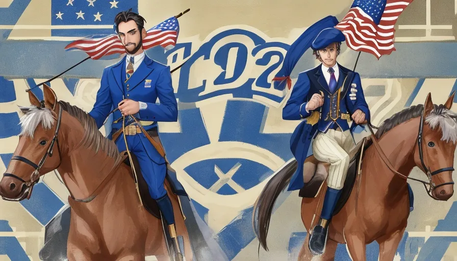 two men riding horses with American flags