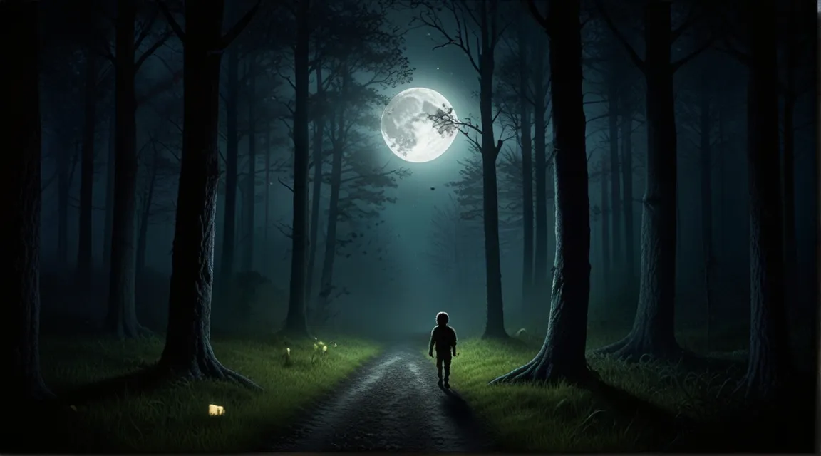 a person walking down a path in the middle of a forest at night