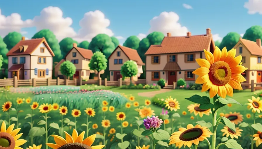 a field of sunflowers with a house in the background