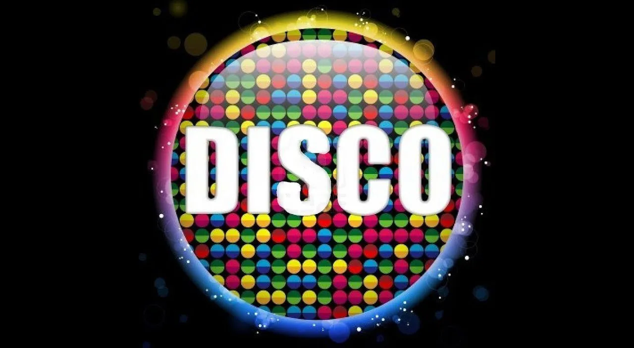 a disco logo with colorful dots on a black background