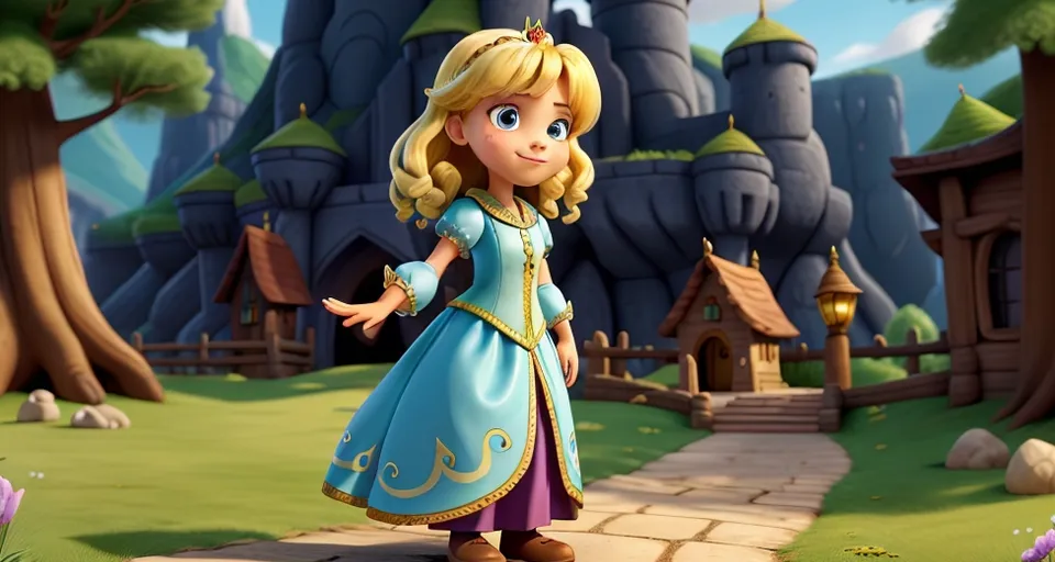 a girl in a blue dress standing in front of a castle