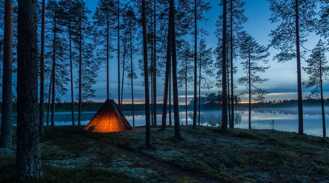 A time-lapse video of the stars going across the night sky, viewed from inside a tent pitched in the woods