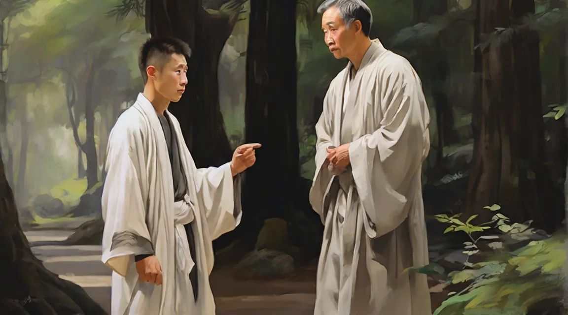 a painting of two men standing in a forest