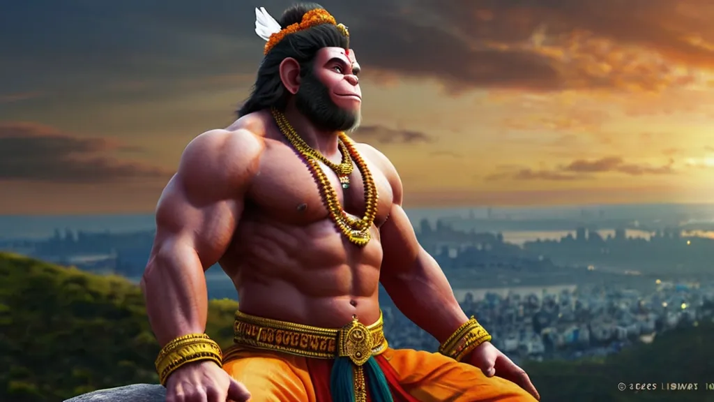 Create a god hanuman with a golden background, 8k, size of 1920x1080, colorful
