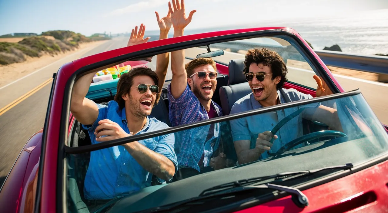 Friends in the car, laughing, high-fiving, and enjoying each other’s company.