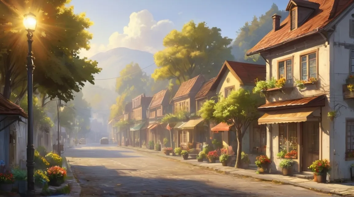 a painting of a street lined with houses in sunny morning 