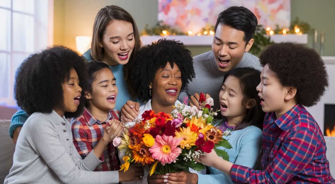 a group of people standing around a woman holding a bouquet of flowers