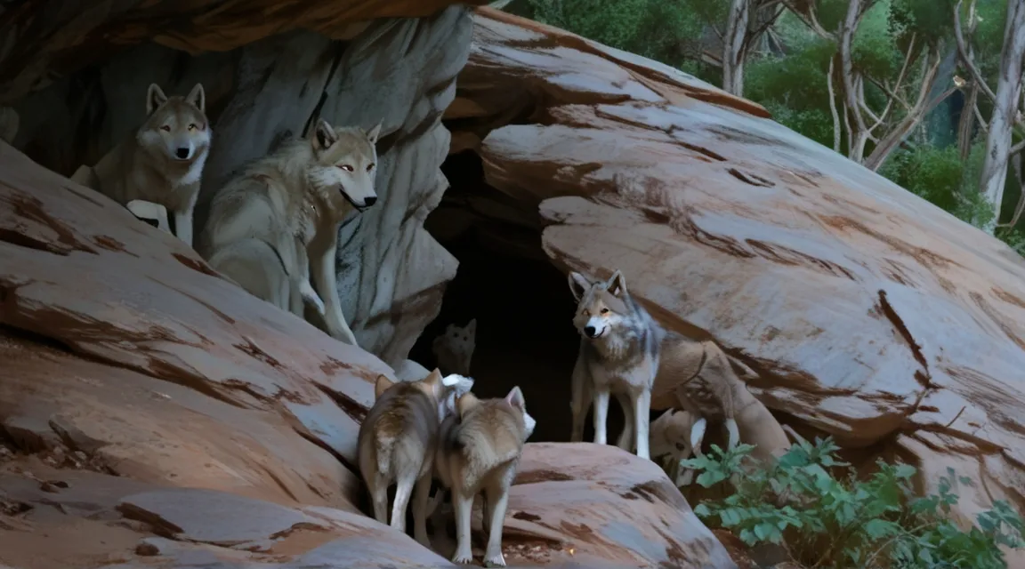 a group of wolfs are standing in a cave