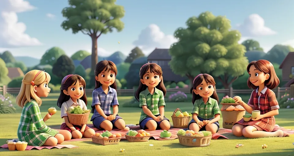 a group of children sitting on a blanket in the grass