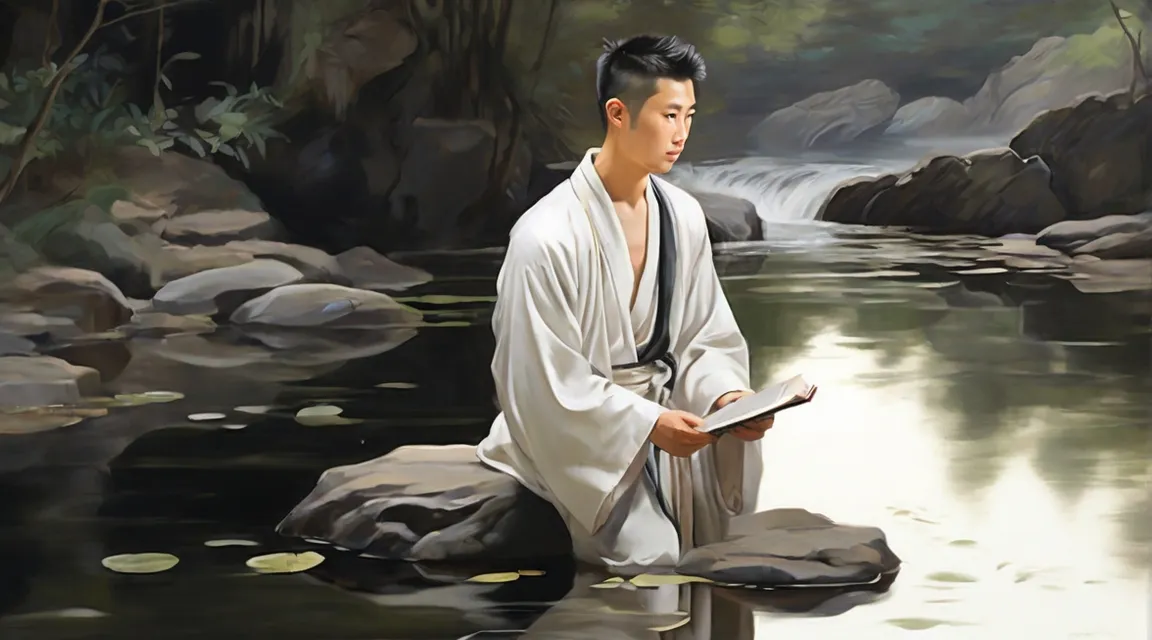 a painting of a man sitting on a rock in the water