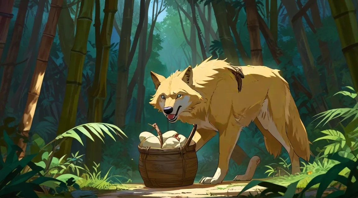 a cartoon of a wolf carrying a basket of eggs