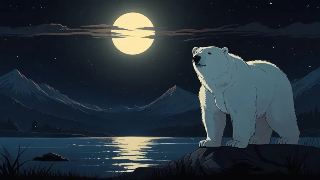 a polar bear sitting on a rock looking at the moon