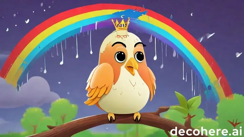 a bird sitting on a branch with a rainbow in the background