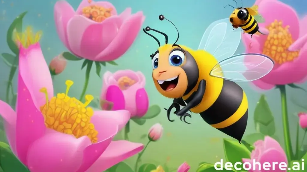 a cartoon bee flying over a field of flowers