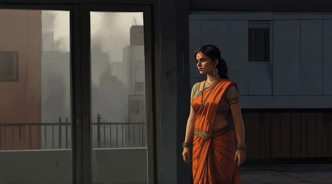 a woman in an orange sari standing in front of a window