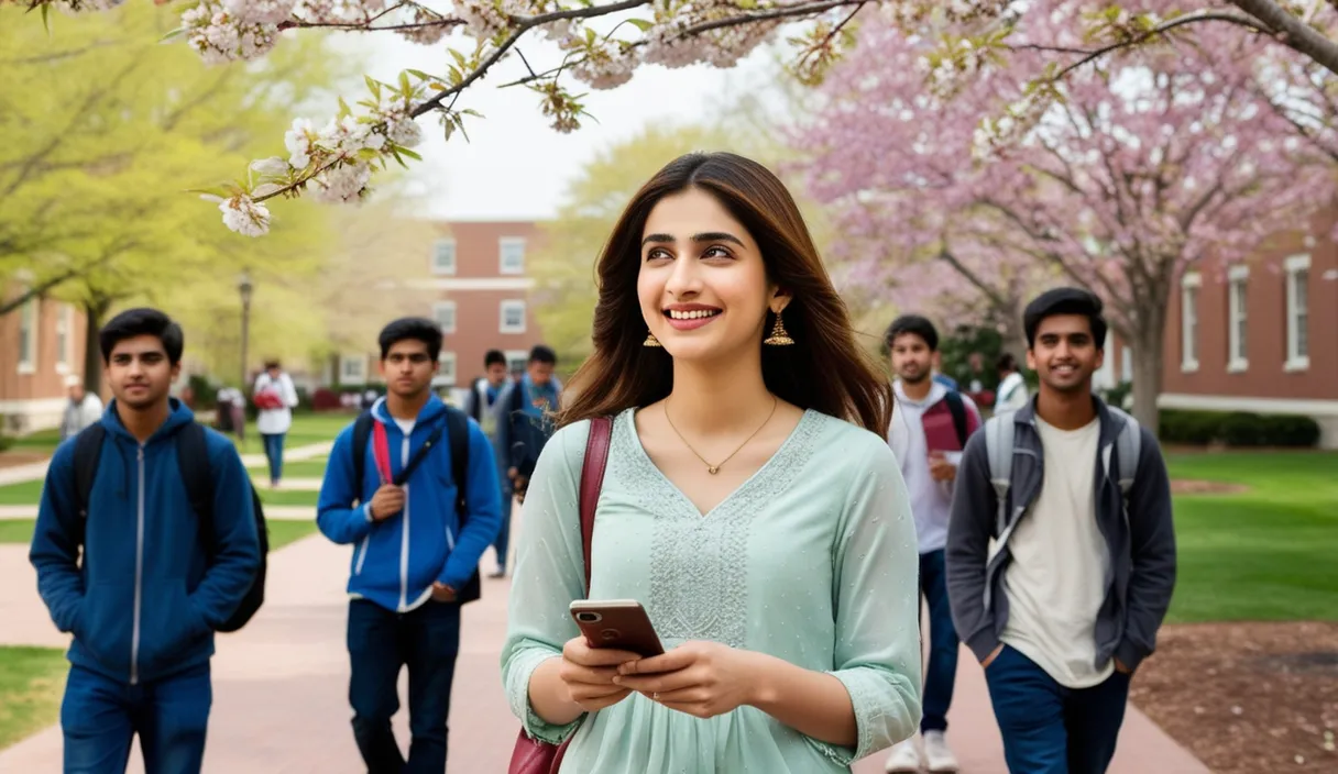 Campus Serenade: On a university campus, a Pakistani girl walking under a blossoming tree, a Bollywood song softly playing from her phone. The 4K wide shot captures students walking by and studying, but her smile and dreamy gaze reveal she is thinking about her boyfriend, who is attending a university in the United States, lost in her own romantic world.